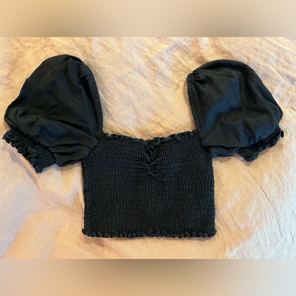 Reformation Tops - Reformation Linen Black Puff Sleeve Smocked Top Small